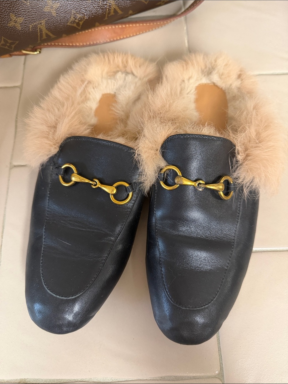 Black Leather Fur-Lined Horsebit Mules